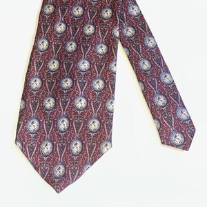Vintage Pocket Watch Print Necktie Mens Burgundy Gray Silk Clock Steampunk 3.75"